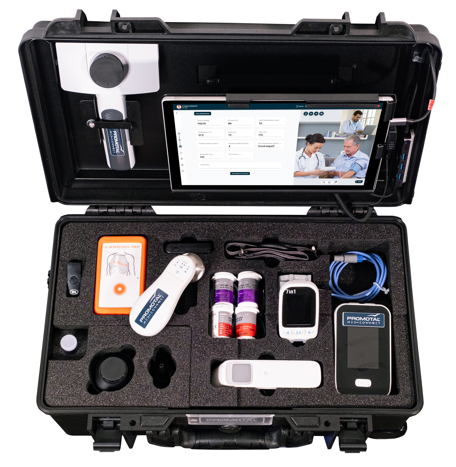 Mallette de télémédecine professionnelle Promotal MedConnect ouverte avec instruments médicaux connectés