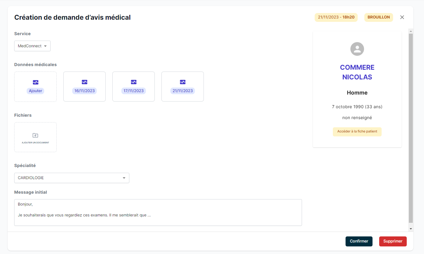 Interface de téléexpertise MedConnect — envoi d'un avis spécialiste depuis le dossier patient
