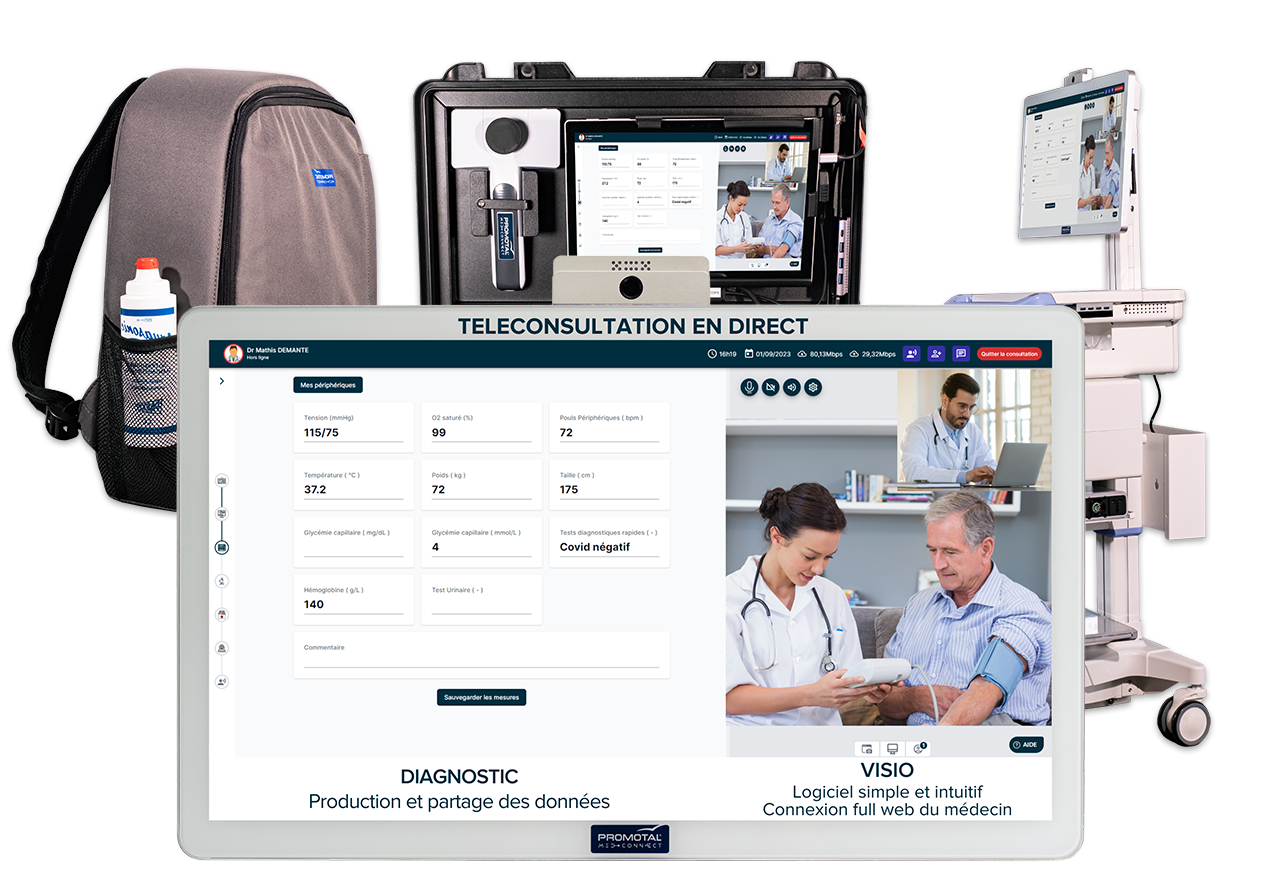 MedConnect : plateforme de télémédecine hébergée sur cloud certifié HDS, ISO 27001. ECG et stéthoscope intégrés. Déployé en 2–4 semaines. Fabriqué en France.