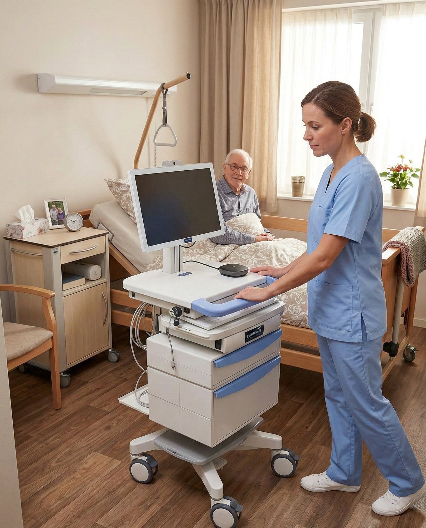 Infirmière avec chariot MedConnect dans chambre de résident EHPAD