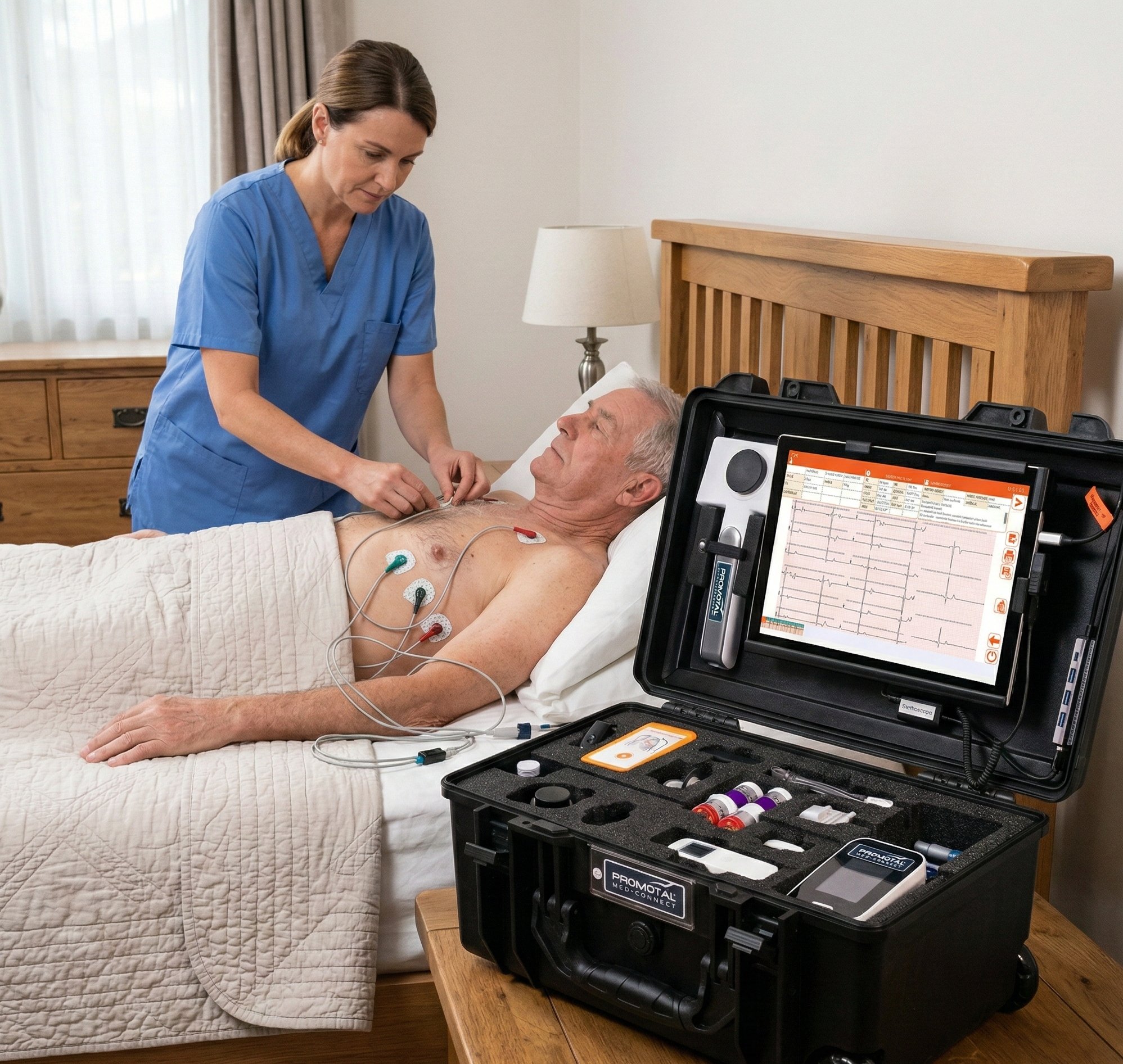 Infirmière réalisant un ECG à domicile avec mallette MedConnect