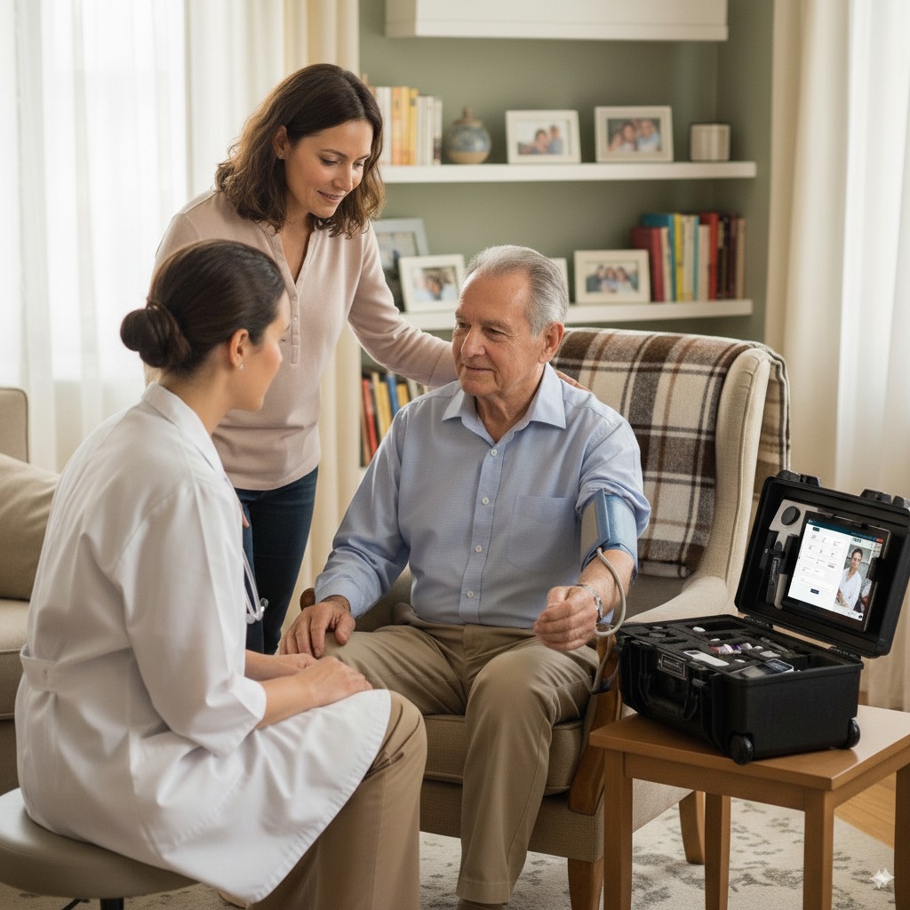 Infirmière en visite à domicile avec mallette MedConnect ouverte