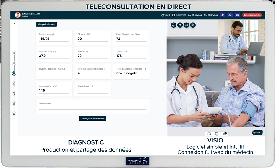 Interface MedConnect montrant téléconsultation en direct avec données patient